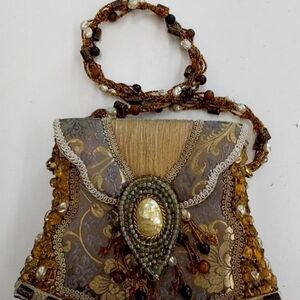 Mary Frances Beaded Satchel in Gold and Brown
